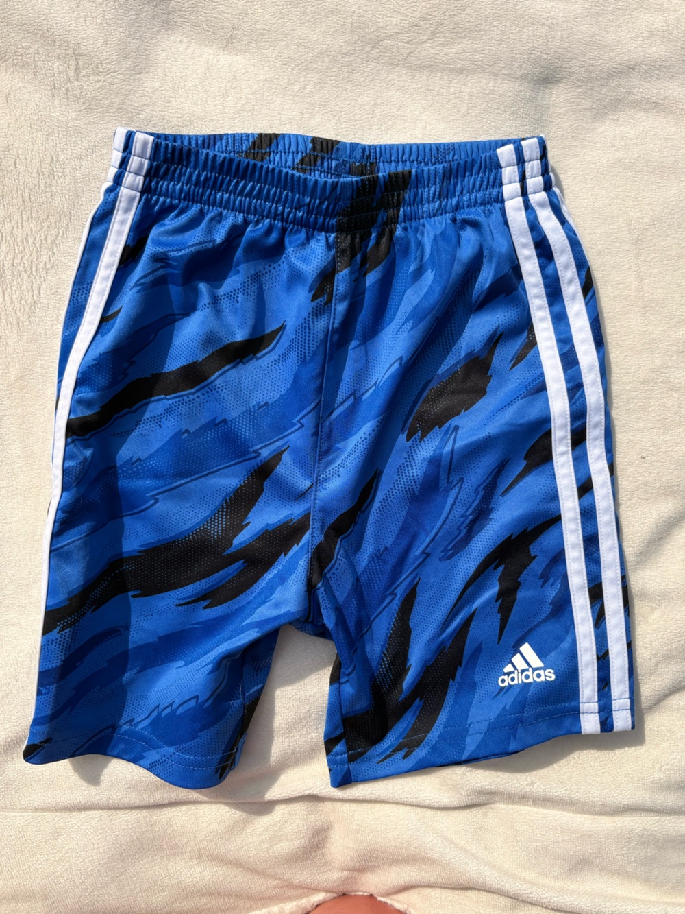Adidas Blue Athletic Shorts with Black Accents and White Stripes